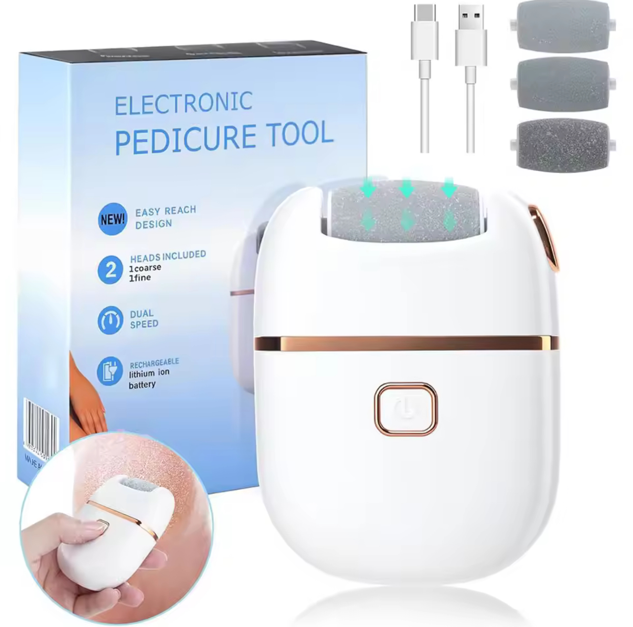 electric foot grinder dead skin callus remover rechargeable foot file dry cracks pedicure tools with 3 grinding heads feet care