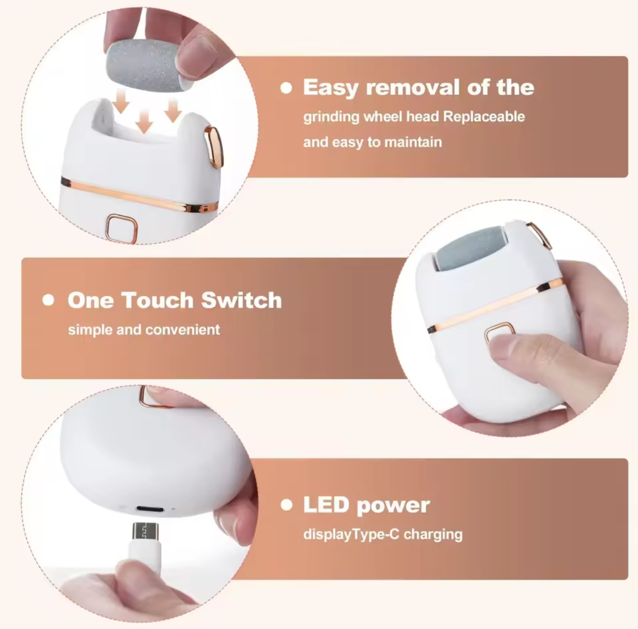electric foot grinder dead skin callus remover rechargeable foot file dry cracks pedicure tools with 3 grinding heads feet care