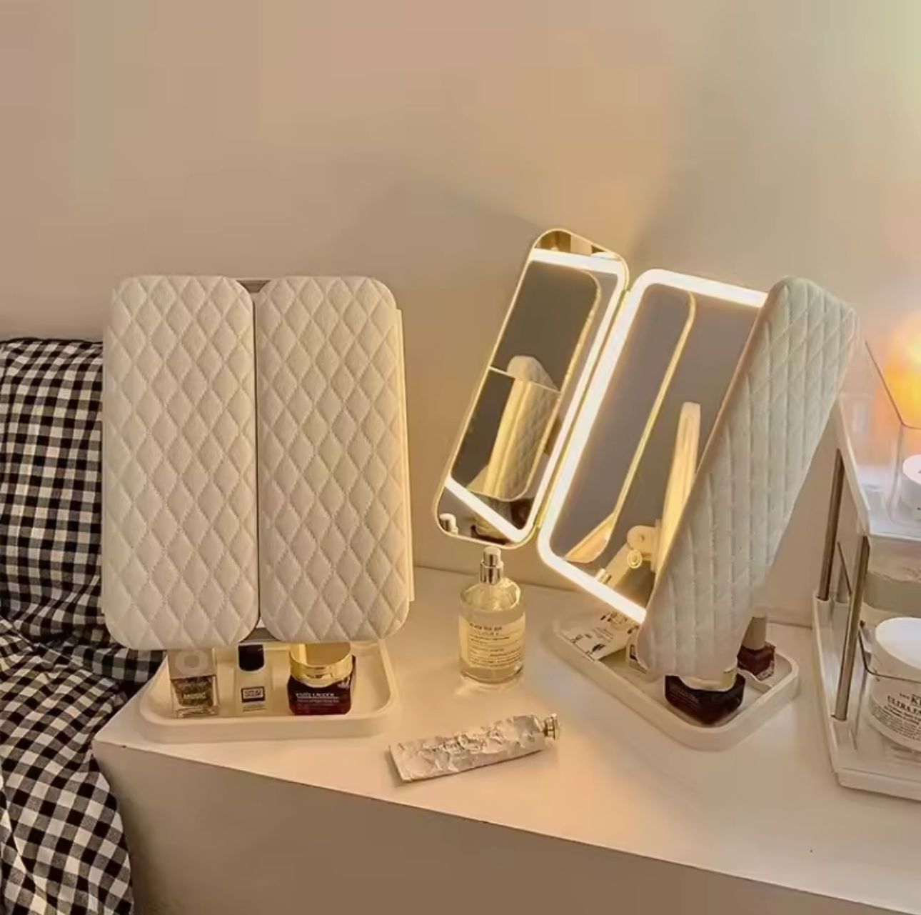 trifold led makeup mirror – touch control, adjustable lighting & portable design